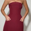 Taia Foldover-Neck Strapless Structured A-Line Mini Dress in Wine Red
