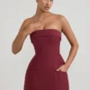 Taia Foldover-Neck Strapless Structured A-Line Mini Dress in Wine Red