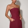 Taia Foldover-Neck Strapless Structured A-Line Mini Dress in Wine Red