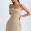 Taia Foldover-Neck Structured Tulip Mini Dress in Camel