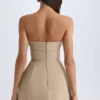 Taia Foldover-Neck Structured Tulip Mini Dress in Camel