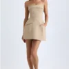Taia Foldover-Neck Structured Tulip Mini Dress in Camel
