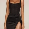 Taliah Lace Soft-Scoop Corset Satin Midaxi Dress in Black