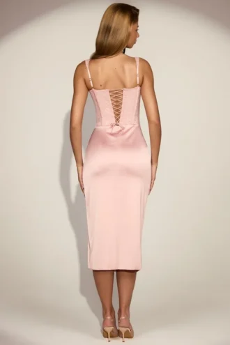 Taliah Lace Soft-Scoop Corset Satin Midaxi Dress in Pink