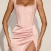 Taliah Lace Soft-Scoop Corset Satin Midaxi Dress in Pink