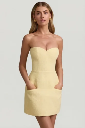 Talina Sweetheart-Neck Strapless Structured Mini Dress in Pastel Yellow