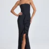 Tallullah Bandeau Ruffle-Trim Corset Gown in Black