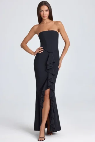 Tallullah Bandeau Ruffle-Trim Corset Gown in Black