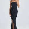 Tallullah Bandeau Ruffle-Trim Corset Gown in Black