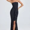 Tallullah Bandeau Ruffle-Trim Corset Gown in Black