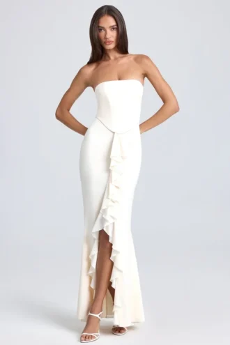 Tallullah Bandeau Ruffle-Trim Corset Gown in Ivory