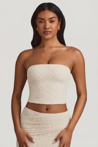 Tamia Ruched Strapless Lace Top in Ivory