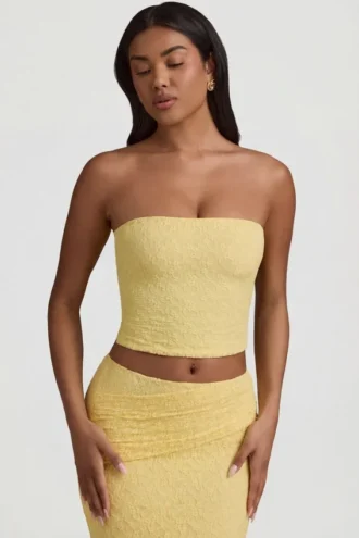 Tamia Ruched Strapless Lace Top in Pastel Yellow