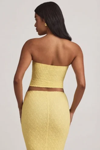 Tamia Ruched Strapless Lace Top in Pastel Yellow
