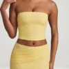 Tamia Ruched Strapless Lace Top in Pastel Yellow