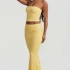 Tamia Ruched Strapless Lace Top in Pastel Yellow