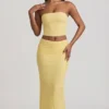 Tamia Ruched Strapless Lace Top in Pastel Yellow