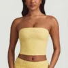 Tamia Ruched Strapless Lace Top in Pastel Yellow