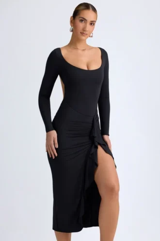 Tarai Modal Ruffled Midaxi Dress in Black