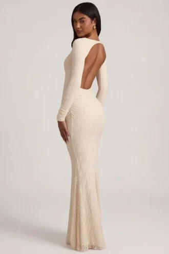 Tarini Ruched Backless Lace Maxi Dress in Ivory