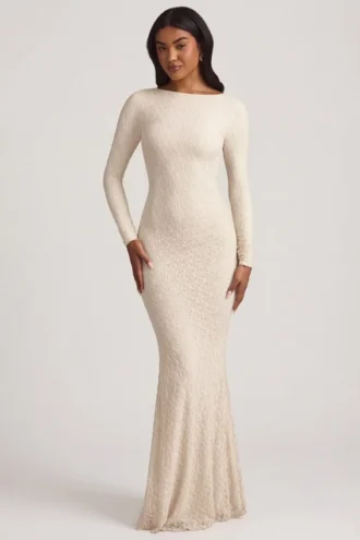 Tarini Ruched Backless Lace Maxi Dress in Ivory