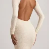 Tarini Ruched Backless Lace Maxi Dress in Ivory