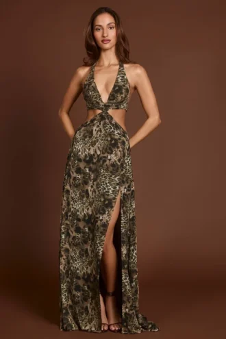Tarsia Plunge Cut-out Maxi Gown in Leopard Print
