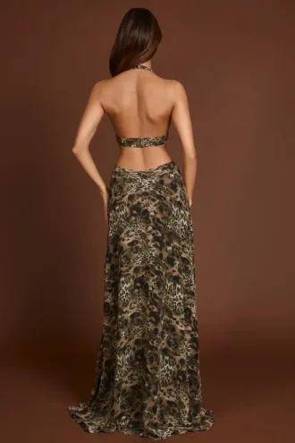 Tarsia Plunge Cut-out Maxi Gown in Leopard Print