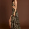 Tarsia Plunge Cut-out Maxi Gown in Leopard Print