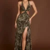 Tarsia Plunge Cut-out Maxi Gown in Leopard Print