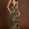 Tarsia Plunge Cut-out Maxi Gown in Leopard Print