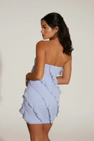 Tatiana Bandeau Ruffle Detail Mini Dress in Blue