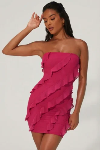 Tatiana Bandeau Ruffle Detail Mini Dress in Fuchsia
