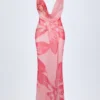 Taveuni Cowl-Neck Hardware-Detail Maxi Dress in Pink Orchid Print