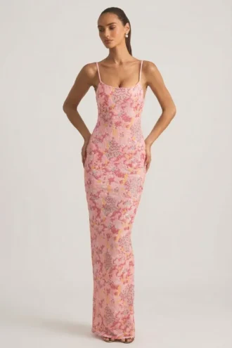 Tavira Embellished Scoop-Neck Backless Maxi Dress in Pink