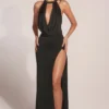 Teodora Cowl-Neck Thigh-High Gown in Black