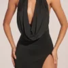 Teodora Cowl-Neck Thigh-High Gown in Black