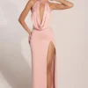 Teodora Cowl-Neck Thigh-High Gown in Blush Pink