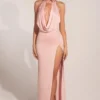 Teodora Cowl-Neck Thigh-High Gown in Blush Pink