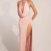 Teodora Cowl-Neck Thigh-High Gown in Blush Pink