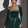 Tera Velvet Long Sleeve Corset Mini Dress in Emerald Green