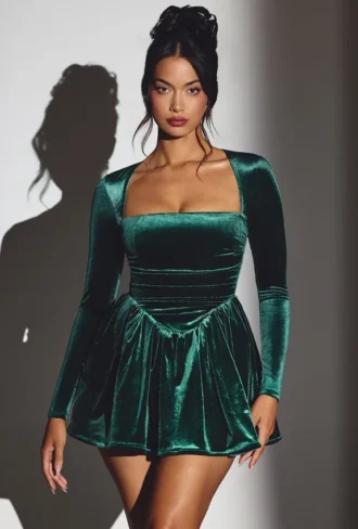 Tera Velvet Long Sleeve Corset Mini Dress in Emerald Green