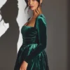 Tera Velvet Long Sleeve Corset Mini Dress in Emerald Green