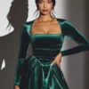 Tera Velvet Long Sleeve Corset Mini Dress in Emerald Green