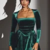 Tera Velvet Long Sleeve Corset Mini Dress in Emerald Green