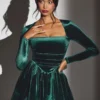 Tera Velvet Long Sleeve Corset Mini Dress in Emerald Green