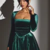 Tera Velvet Long Sleeve Corset Mini Dress in Emerald Green