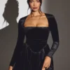 Tera Velvet Long Sleeve Corset Mini Dress in Jet Black
