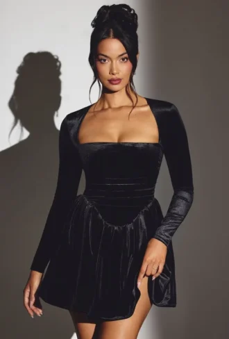 Tera Velvet Long Sleeve Corset Mini Dress in Jet Black