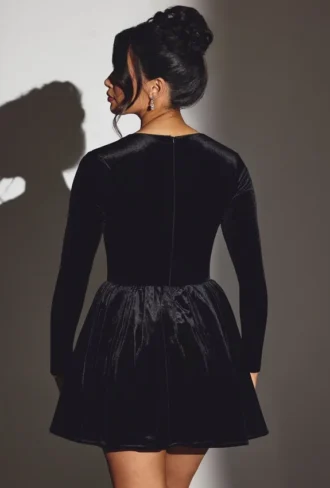 Tera Velvet Long Sleeve Corset Mini Dress in Jet Black
